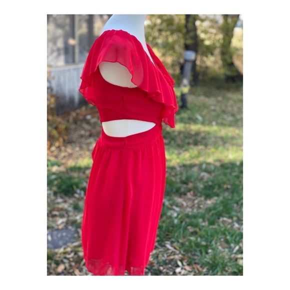 Wet Seal Red Mini Dress Waist Cut-Out Ruffle Scoop Collar Sleeveless Sz S - Picture 7 of 9